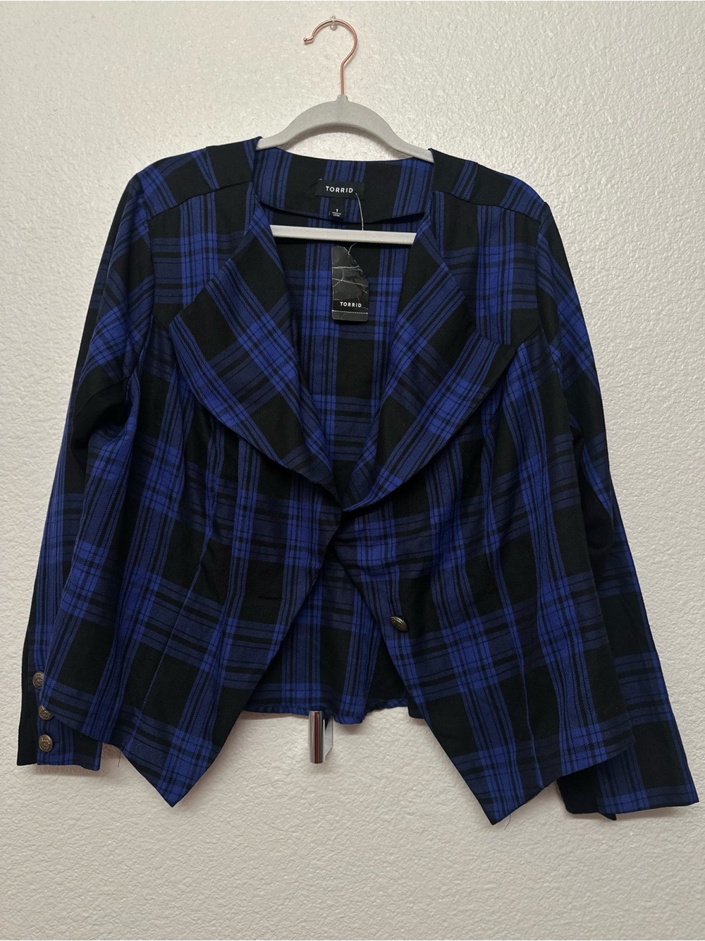 torrid Black and Blue Plaid Draped Blazer